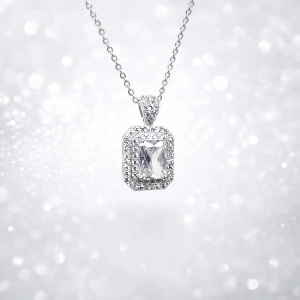 Sterling Silver Emerald Cut CZ Halo Pendant Necklace – Double Halo Micro Set with Adjustable Chain - YL6279101XK