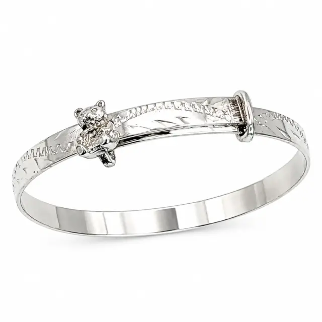 Sterling Silver Engraved Baby Expander Bangle with Teddy Bear - SBBEXEN-BEAR