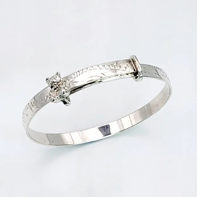 Sterling Silver Engraved Baby Expander Bangle with Teddy Bear