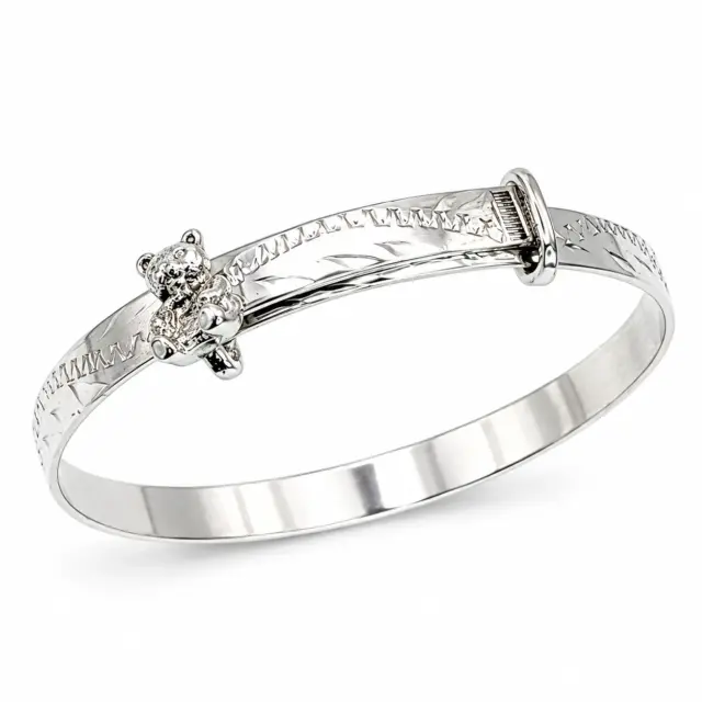 Sterling Silver Engraved Child Expander Bangle with Teddy Bear - SCHEXEN-BEAR