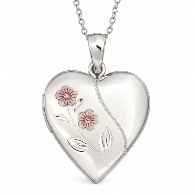 Sterling Silver Engraved Flower Heart Locket 20mm x 20mm
