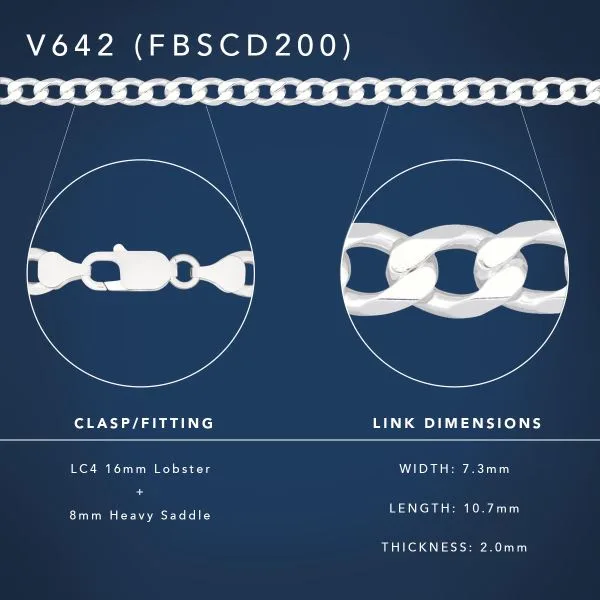 Sterling Silver FBSCD200 Flat Bevelled Diamond-Cut Curb Chain with Lobster Catch
