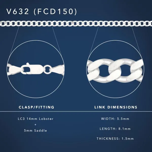 Sterling Silver FCD150 Flat Diamond-Cut Curb Link Chain with Lobster Catch