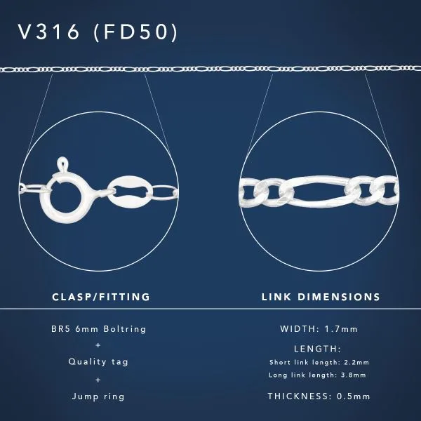 Sterling Silver FD50 1/3 Figaro Diamond-Cut Chain with Bolt Ring Catch