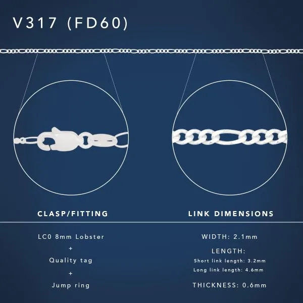 Sterling Silver FD60 1/3 Figaro Diamond-Cut Chain with Lobster Catch