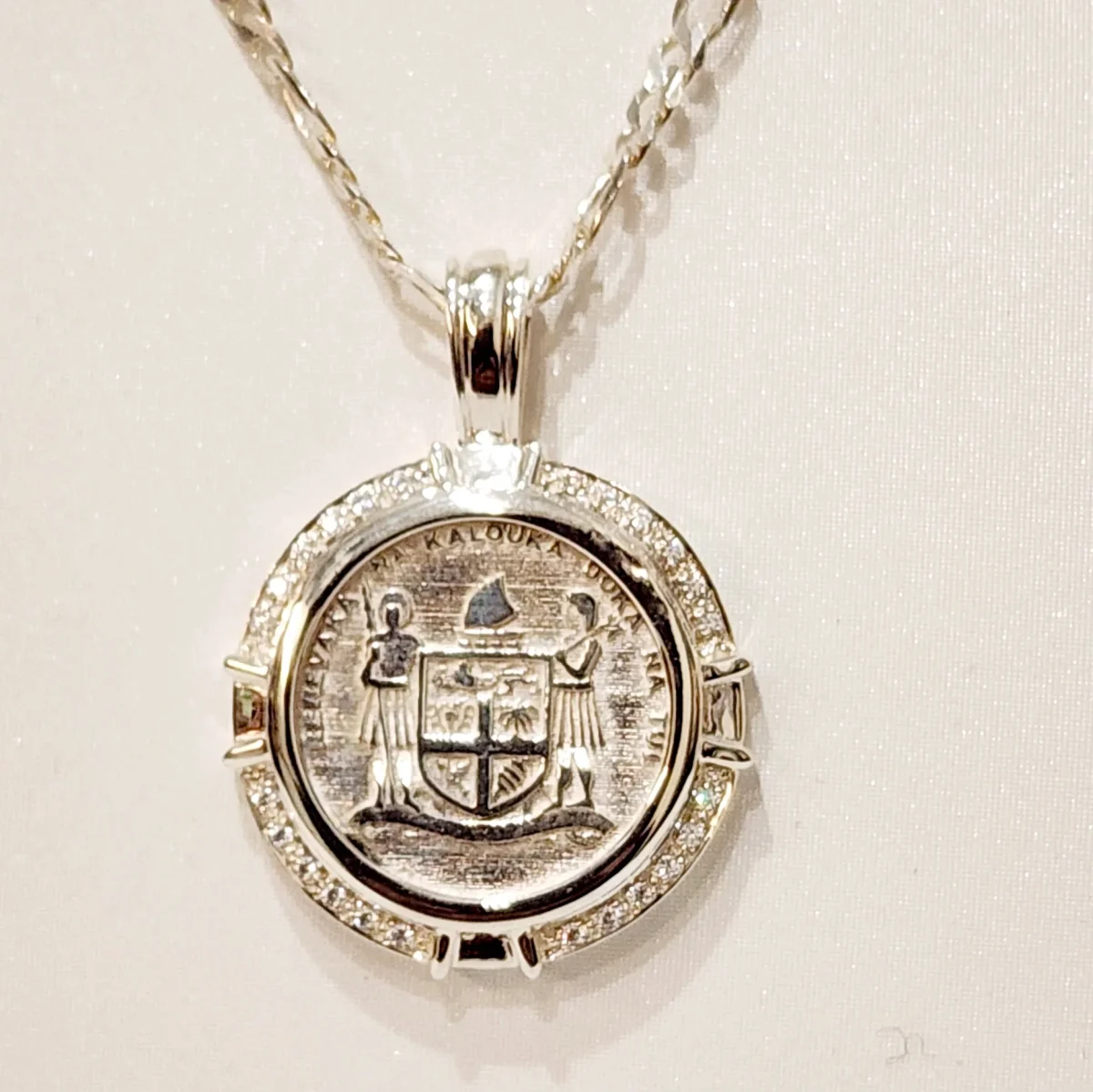 Sterling Silver Fiji Coat of Arms Pendant with Cubic Zirconia Setting and Sterling Silver 55cm Chain