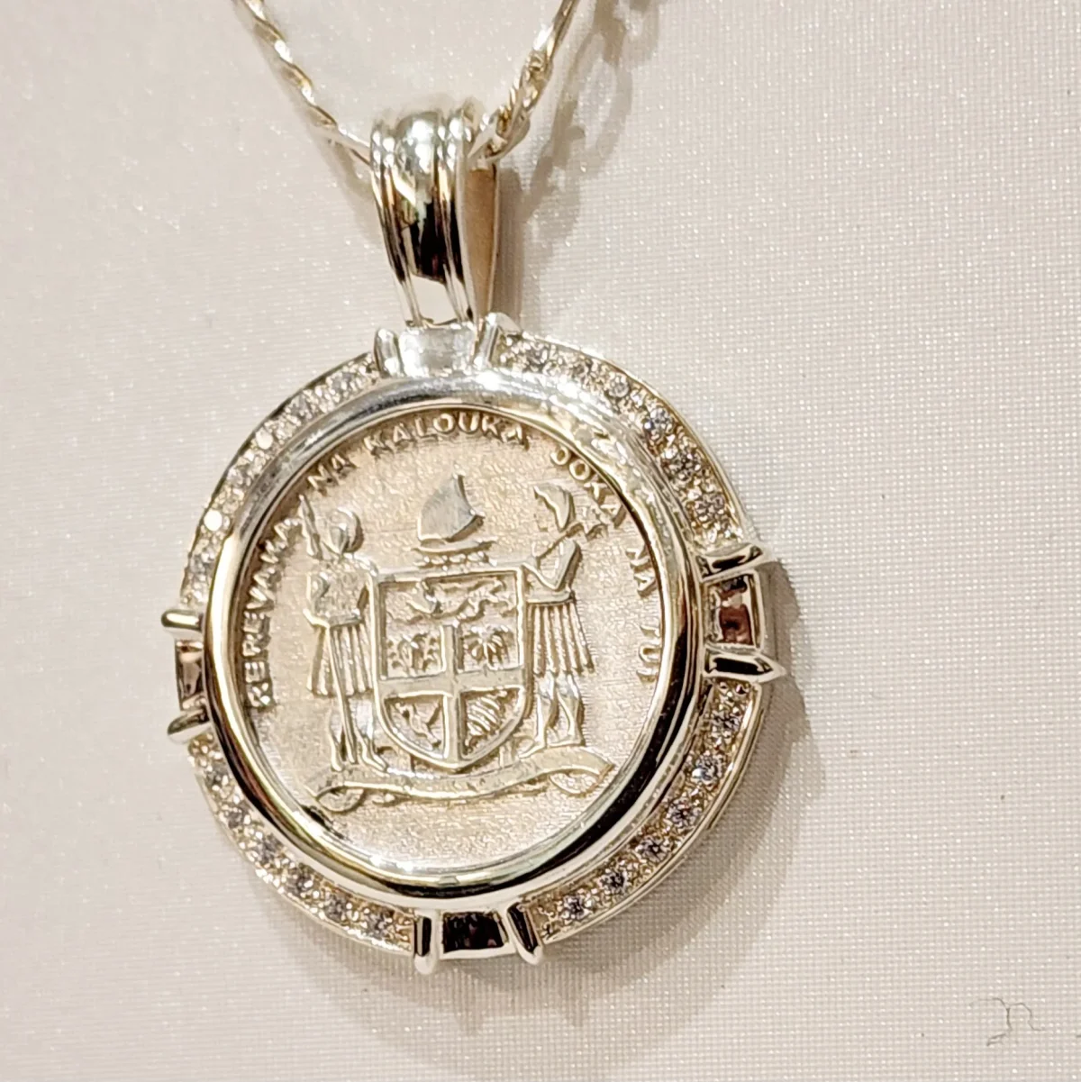 Sterling Silver Fiji Coat of Arms Pendant with Cubic Zirconia Setting and Sterling Silver 55cm Chain