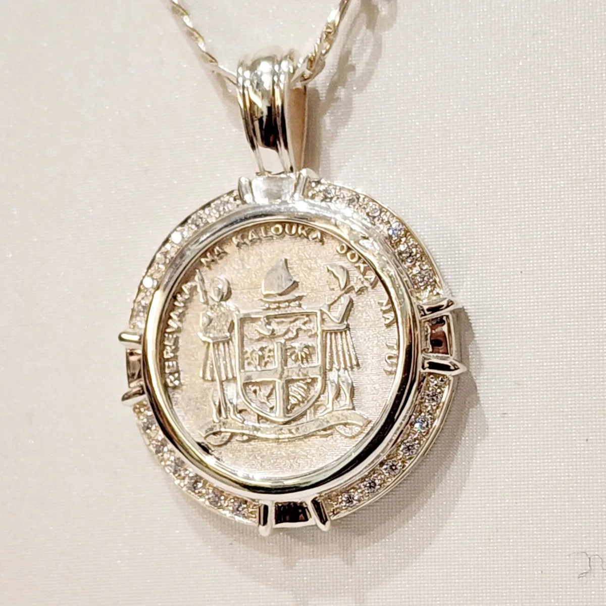 Sterling Silver Fiji Coat of Arms Pendant with Cubic Zirconia Setting and Sterling Silver 55cm Chain