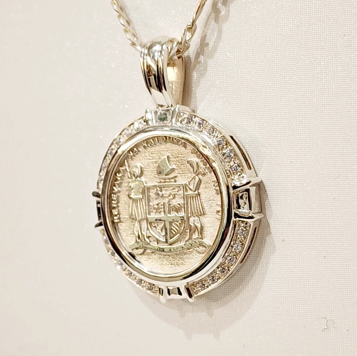 Sterling Silver Fiji Coat of Arms Pendant with Cubic Zirconia Setting and Sterling Silver 55cm Chain