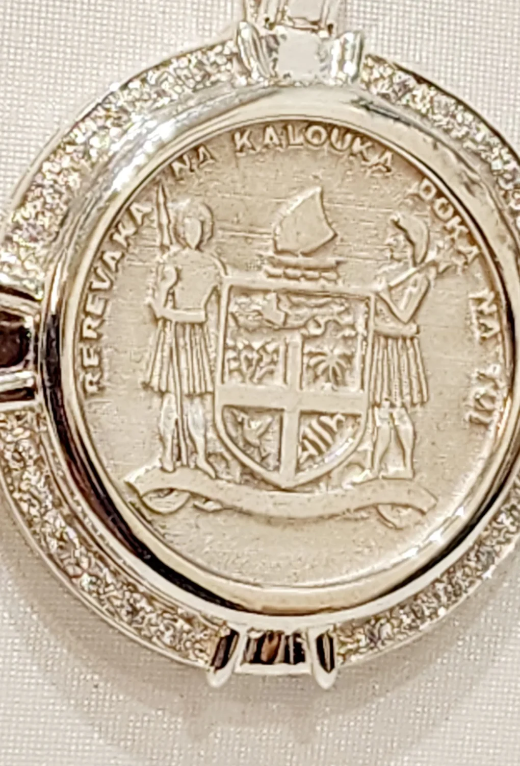 Sterling Silver Fiji Coat of Arms Pendant with Cubic Zirconia Setting and Sterling Silver 55cm Chain