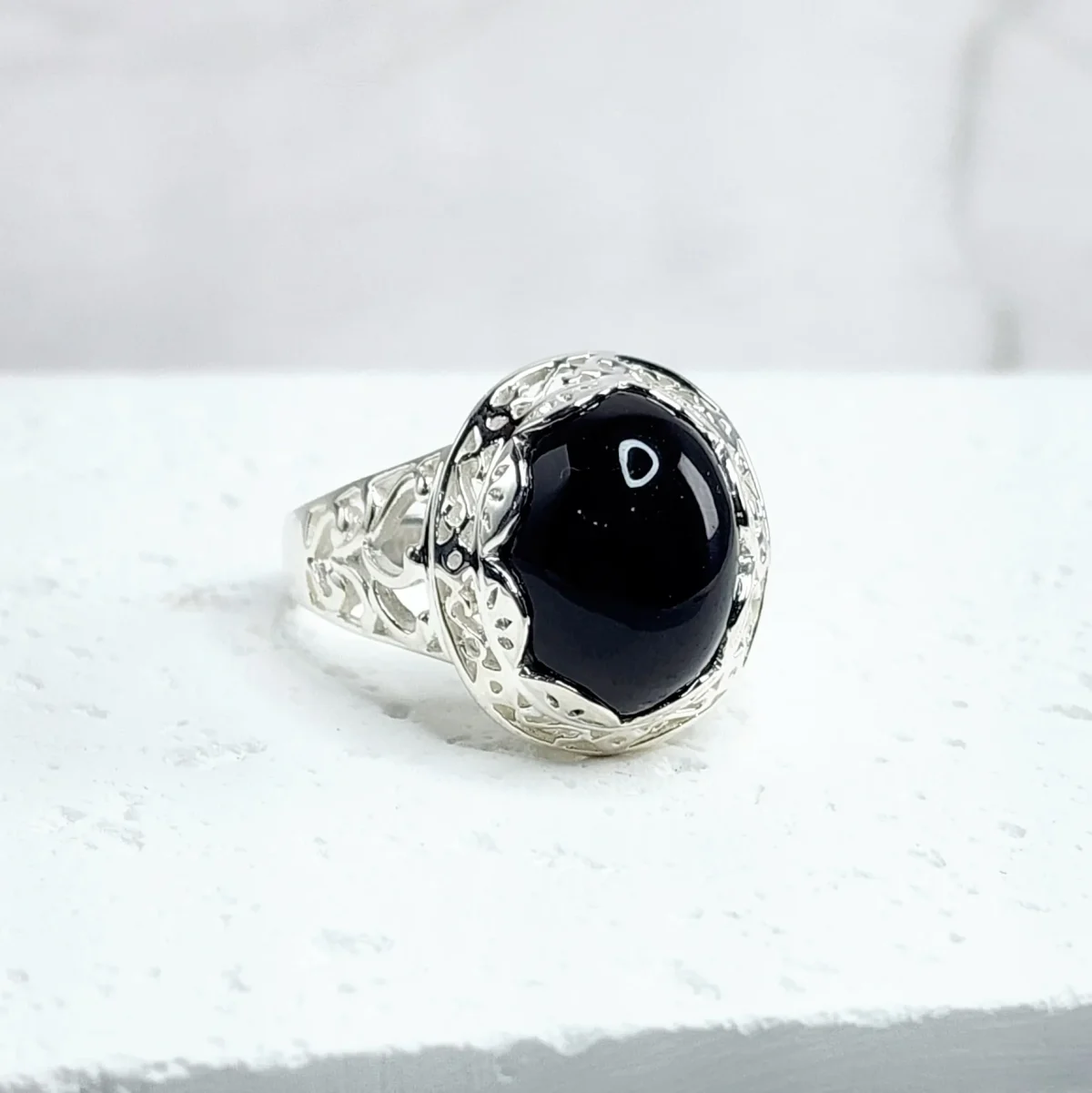 Sterling Silver Filigree Design Ring with Oval Black ONYX