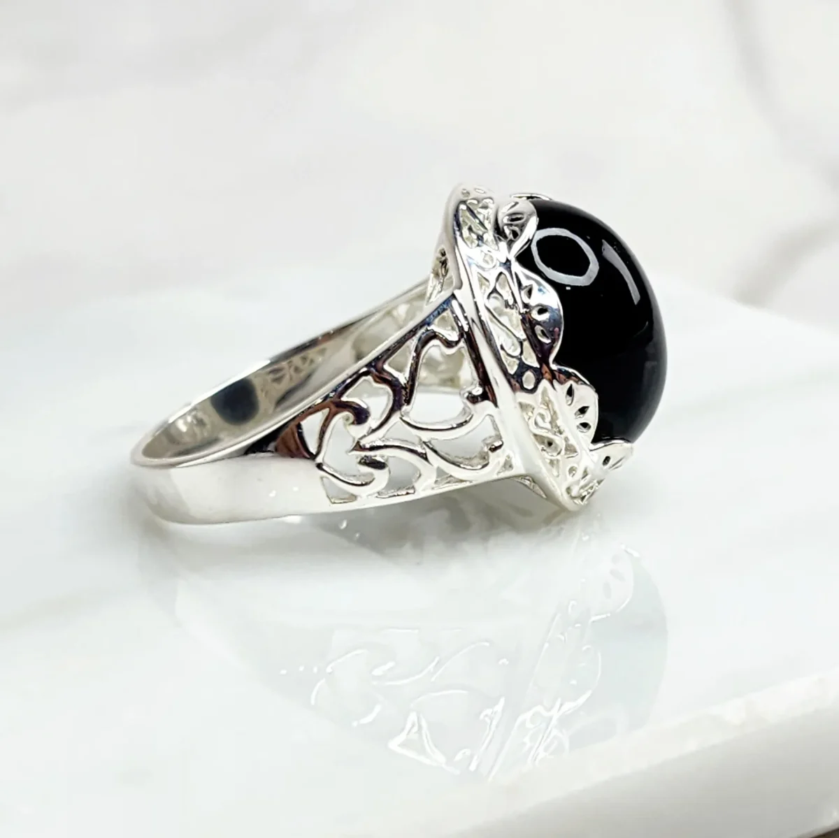 Sterling Silver Filigree Design Ring with Oval Black ONYX