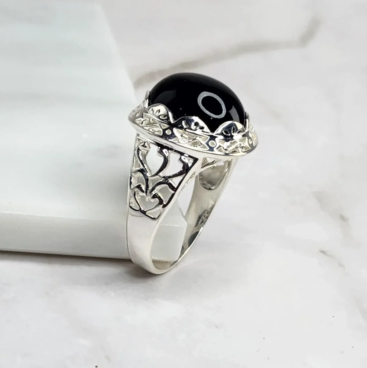 Sterling Silver Filigree Design Ring with Oval Black ONYX