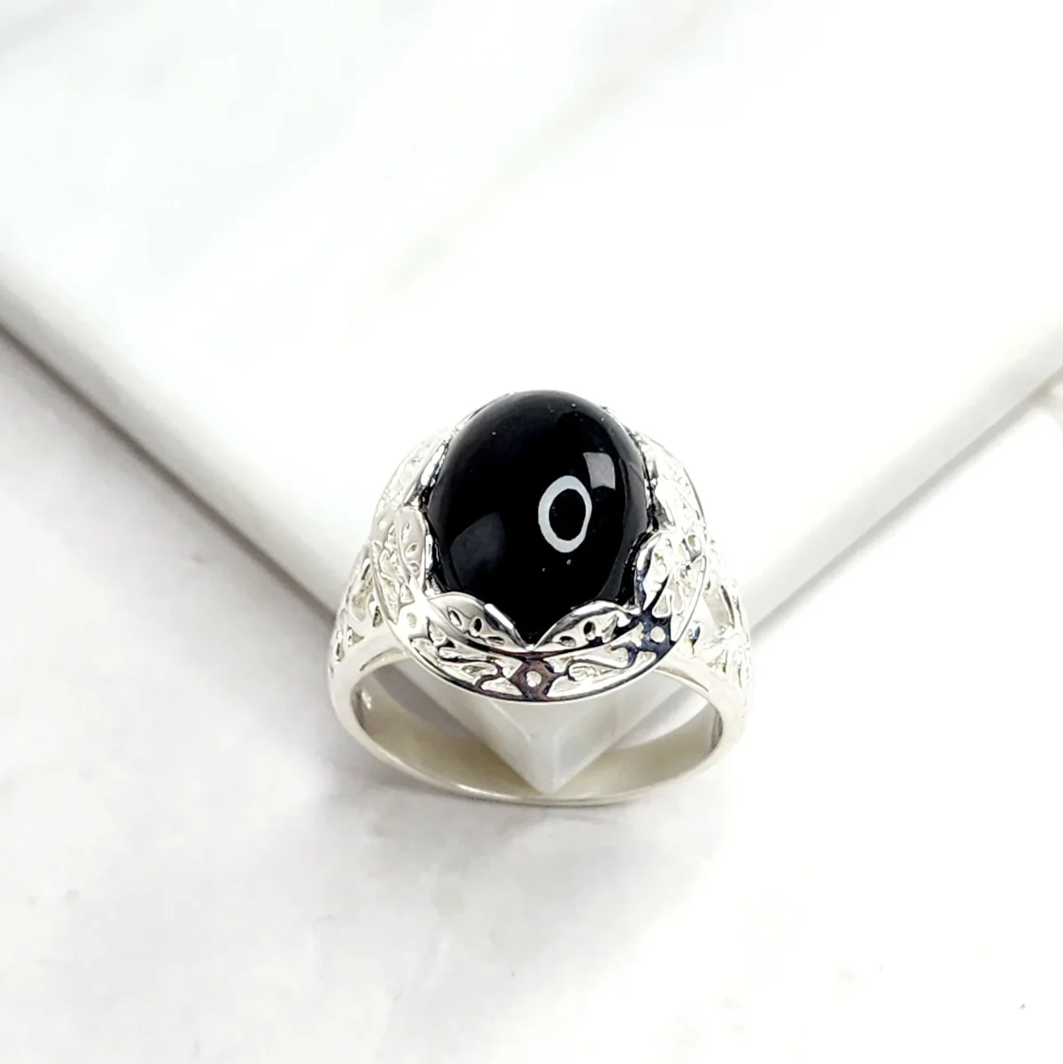 Sterling Silver Filigree Design Ring with Oval Black ONYX