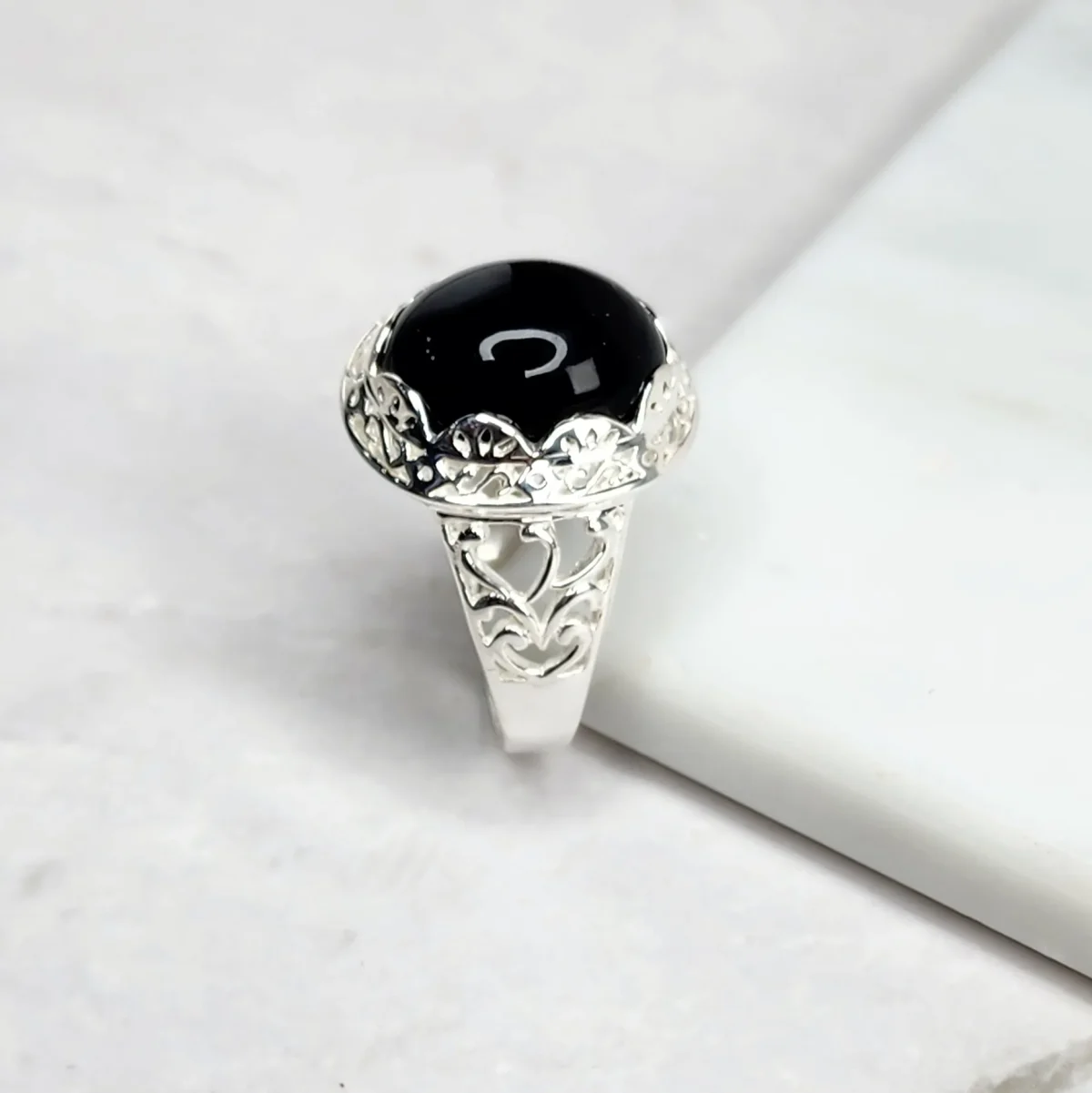 Sterling Silver Filigree Design Ring with Oval Black ONYX