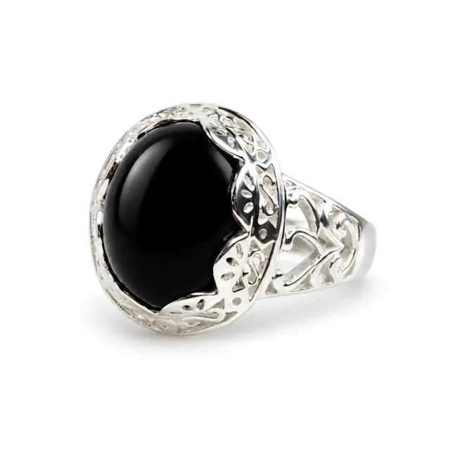 Sterling Silver Filigree Design Ring with Oval Black ONYX