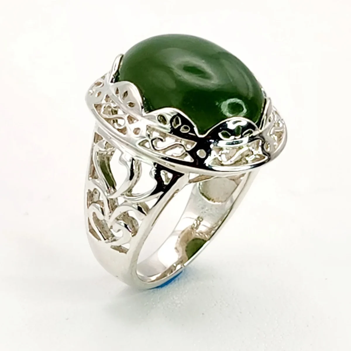 Sterling Silver Filigree Design Ring with Oval Greenstone