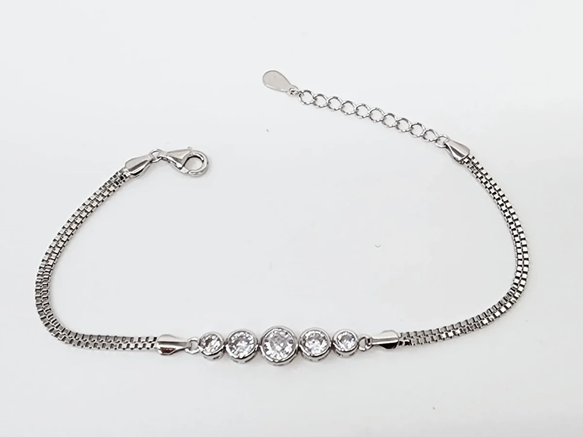 Sterling Silver Five Round Cubic Zirconia Set Double Box Chain Link Bracelet 16cm + 3cm - SSCZB06