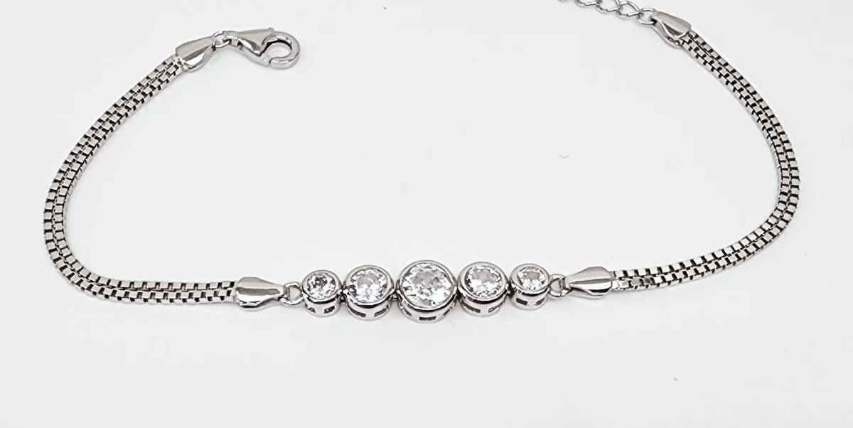 Sterling Silver Five Round Cubic Zirconia Set Double Box Chain Link Bracelet 16cm + 3cm - SSCZB06