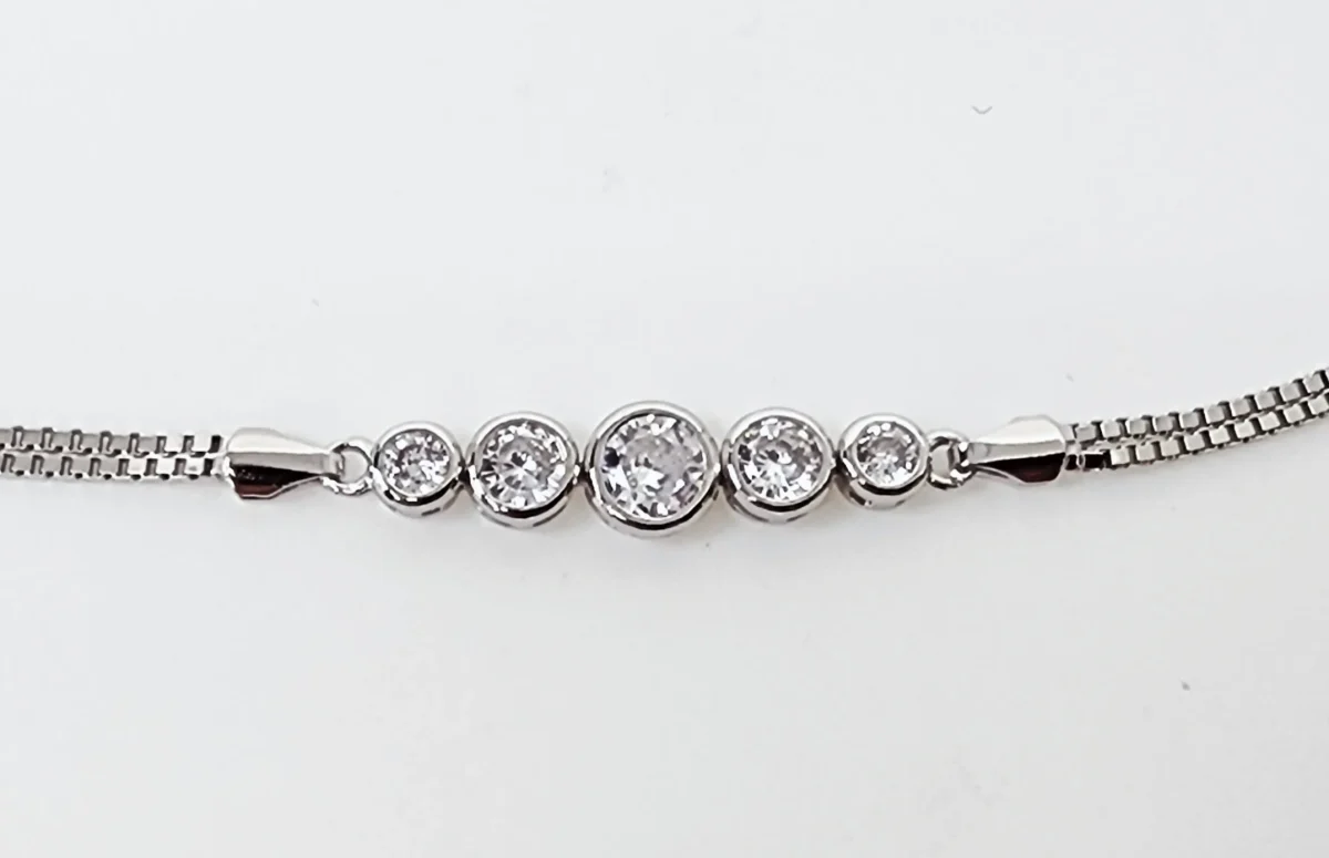 Sterling Silver Five Round Cubic Zirconia Set Double Box Chain Link Bracelet 16cm + 3cm - SSCZB06