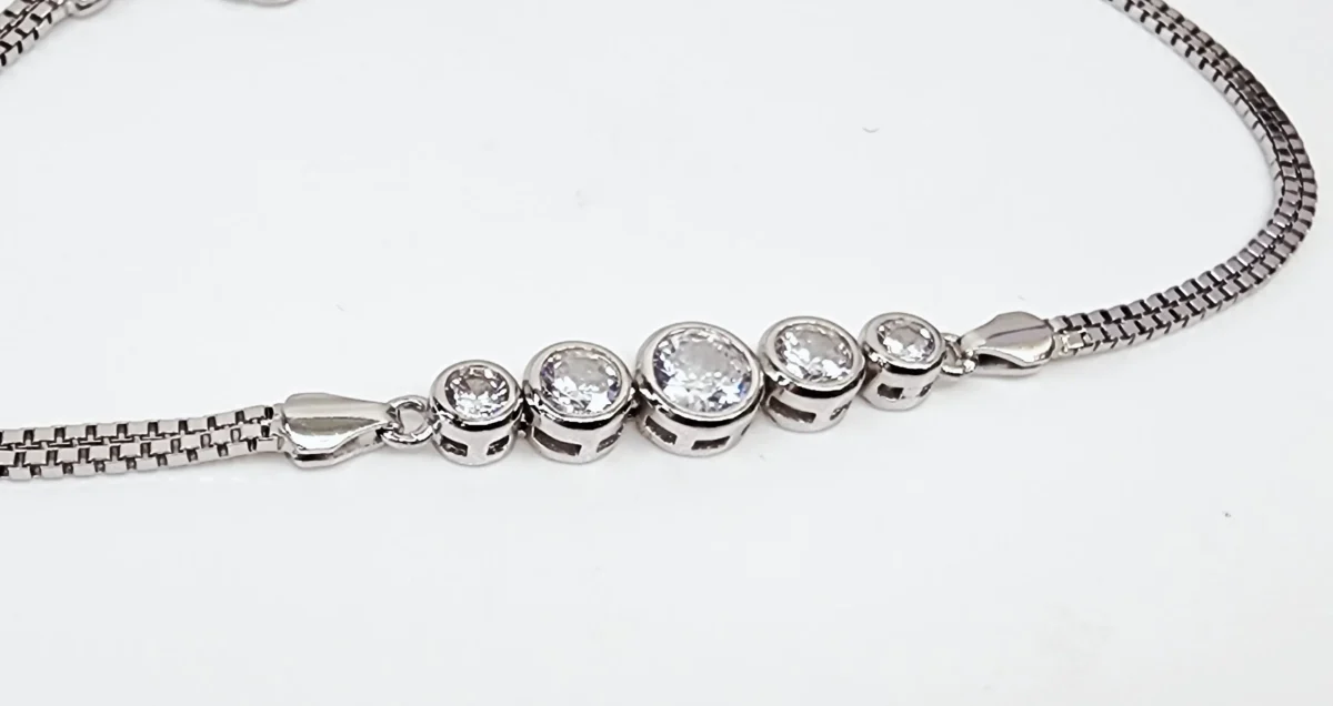Sterling Silver Five Round Cubic Zirconia Set Double Box Chain Link Bracelet 16cm + 3cm - SSCZB06
