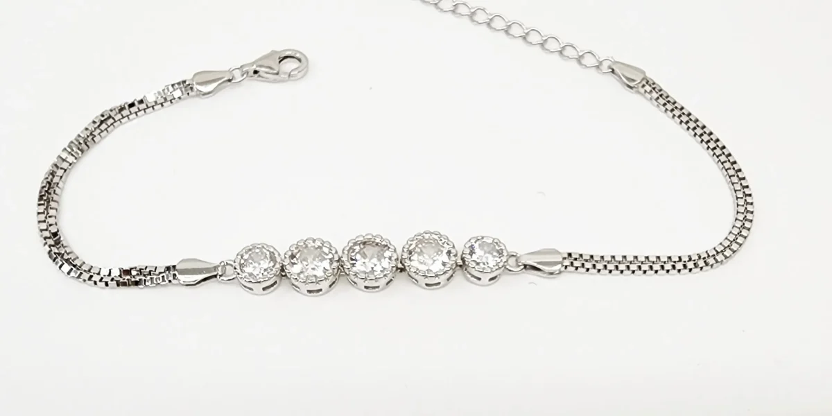 Sterling Silver Five Round Cubic Zirconia Set Double Box Chain Link Bracelet 16cm + 3cm - SSCZB07