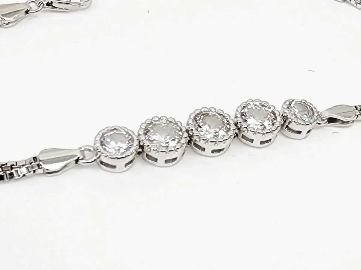 Sterling Silver Five Round Cubic Zirconia Set Double Box Chain Link Bracelet 16cm + 3cm - SSCZB07