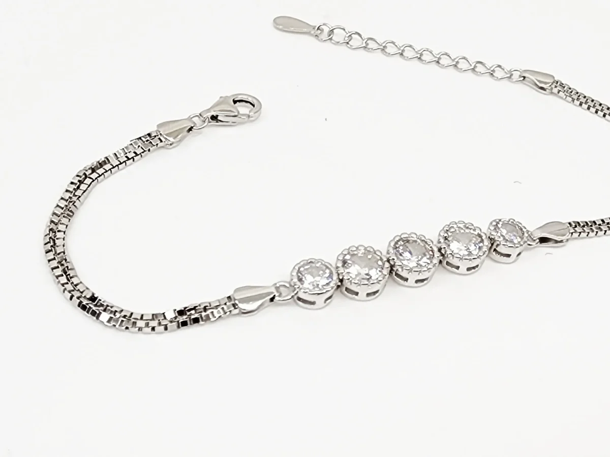Sterling Silver Five Round Cubic Zirconia Set Double Box Chain Link Bracelet 16cm + 3cm - SSCZB07