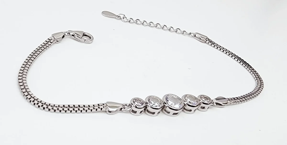 Sterling Silver Five Round Cubic Zirconia Set Double Box Chain Link Bracelet 16cm + 3cm - SSCZB06