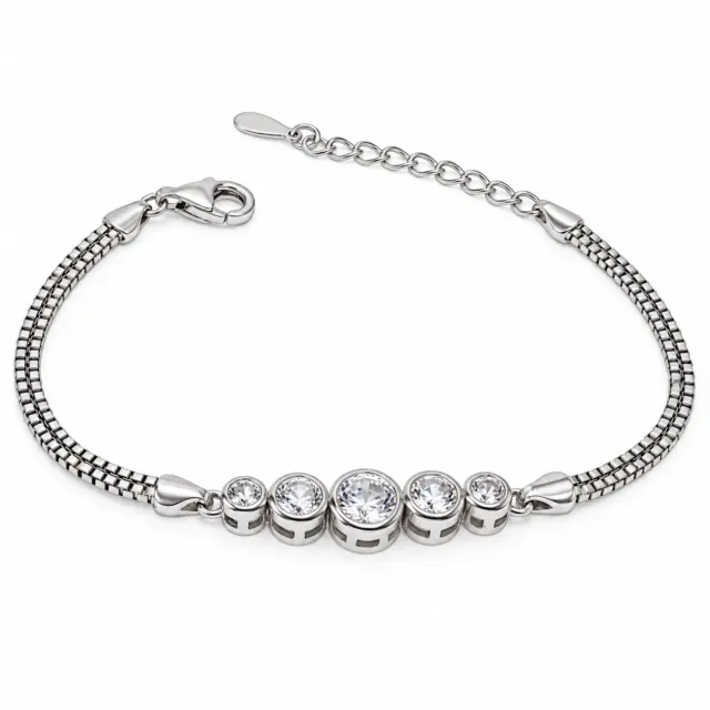 Sterling Silver Five Round Cubic Zirconia Set Double Box Chain Link Bracelet 16cm + 3cm - SSCZB06