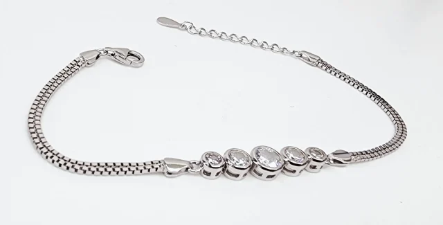 Sterling Silver Five Round Cubic Zirconia Set Double Box Chain Link Bracelet 16cm + 3cm - SSCZB06