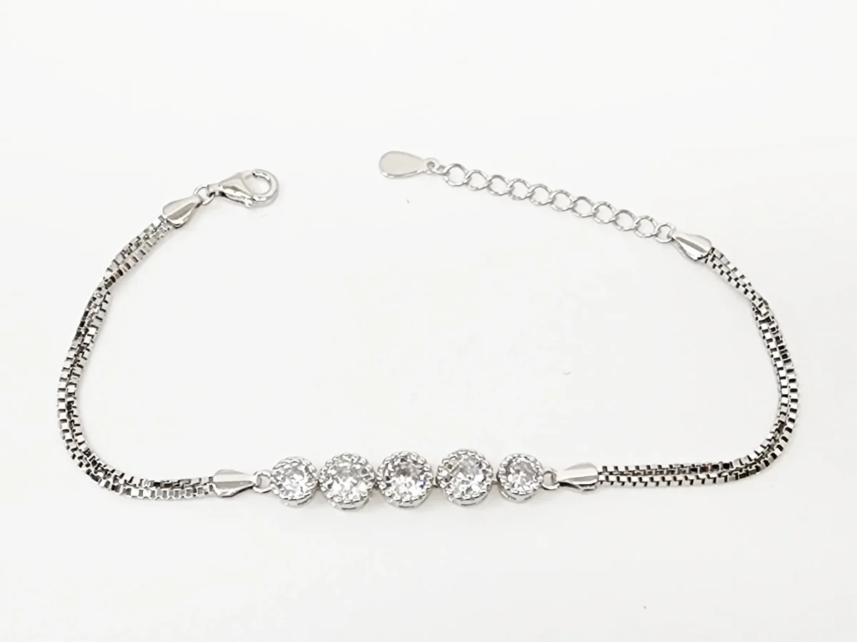 Sterling Silver Five Round Cubic Zirconia Set Double Box Chain Link Bracelet 16cm + 3cm - SSCZB07