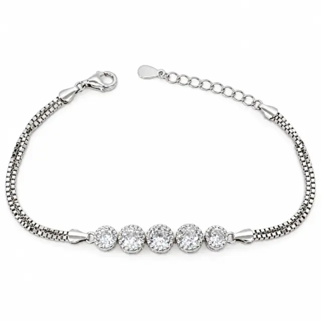 Sterling Silver Five Round Cubic Zirconia Set Double Box Chain Link Bracelet 16cm + 3cm - SSCZB07