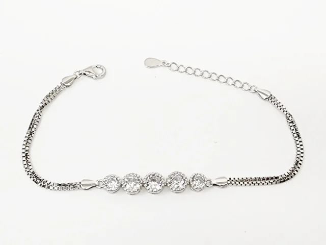 Sterling Silver Five Round Cubic Zirconia Set Double Box Chain Link Bracelet 16cm + 3cm - SSCZB07