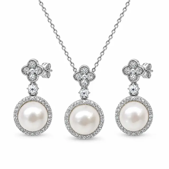 Sterling Silver Freshwater Pearl & Cubic Zirconia Pendant and Drop Earrings Set