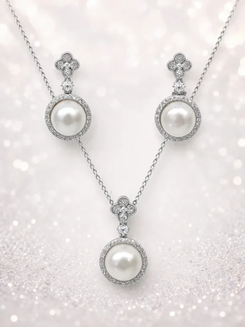 Sterling Silver Freshwater Pearl & Cubic Zirconia Pendant and Drop Earrings Set