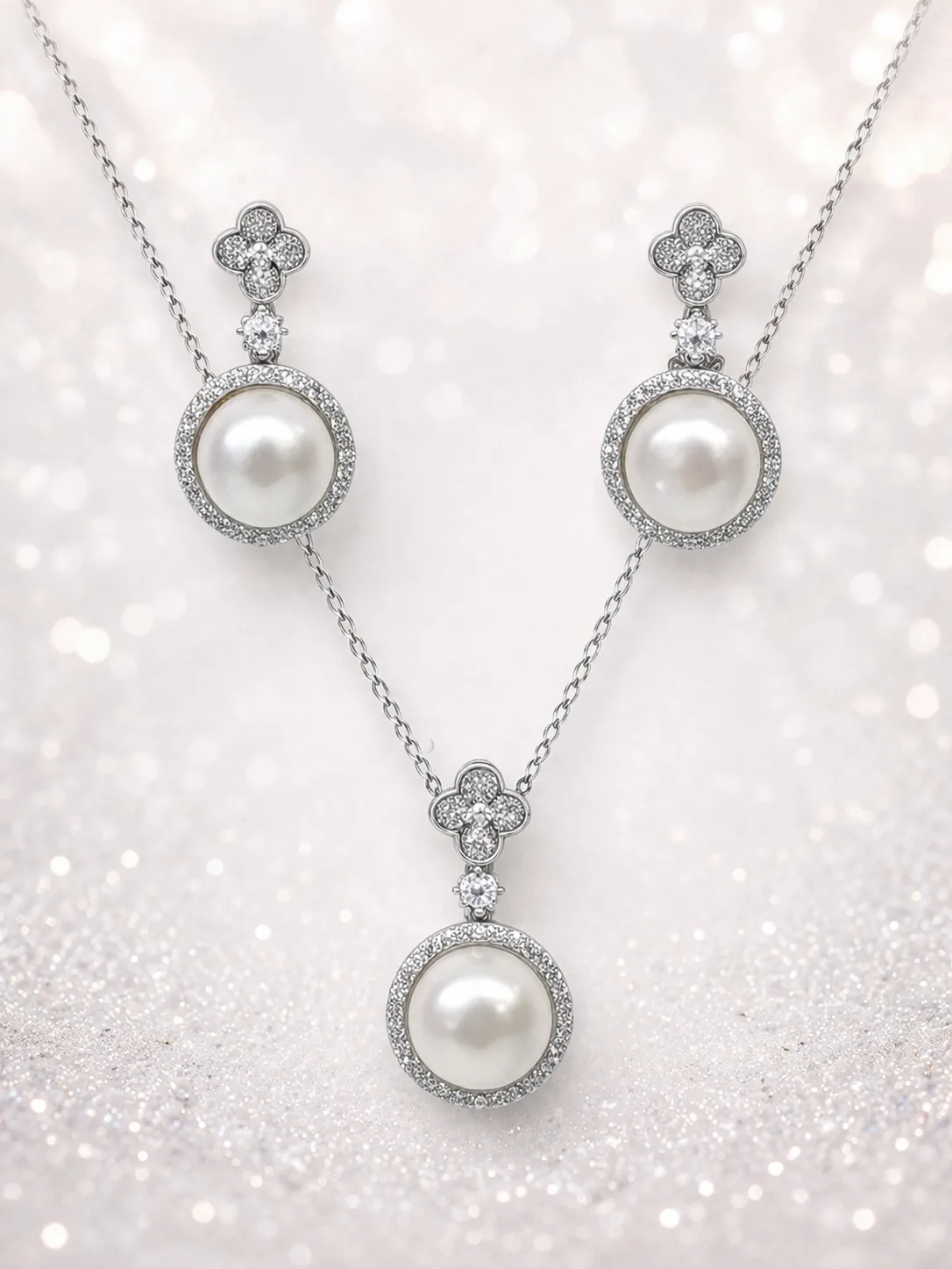 Sterling Silver Freshwater Pearl & Cubic Zirconia Pendant and Drop Earrings Set