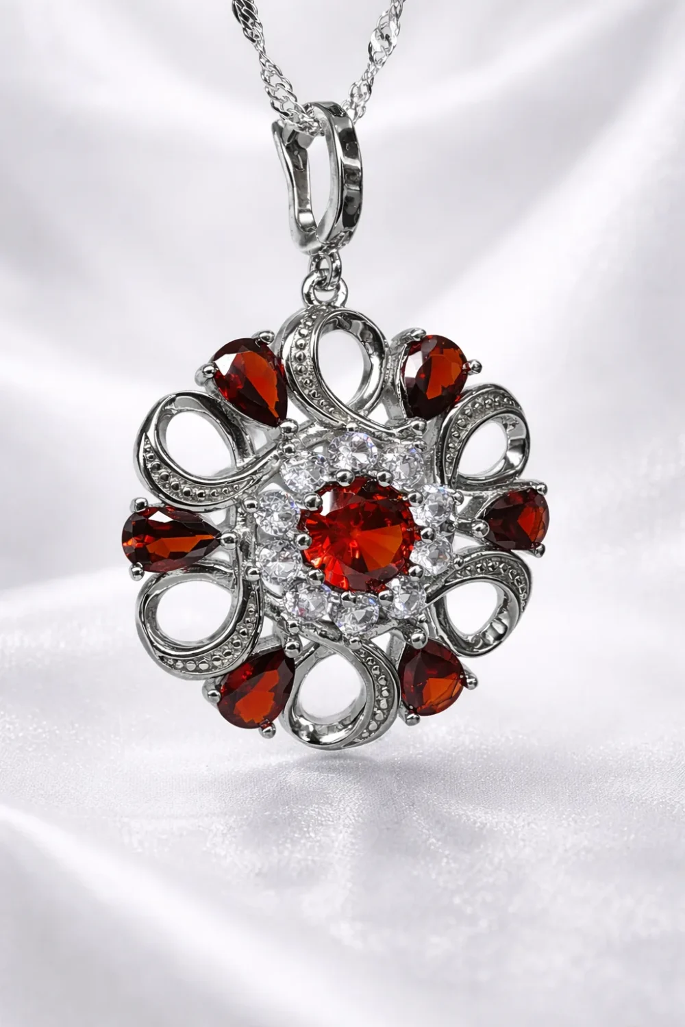Sterling Silver Garnet & Clear CZ Halo Pendant – 27.5mm Round Floral Design - SSDA376PD