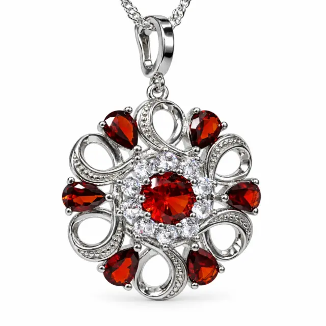 Sterling Silver Garnet & Clear CZ Halo Pendant – 27.5mm Round Floral Design - SSDA376PD