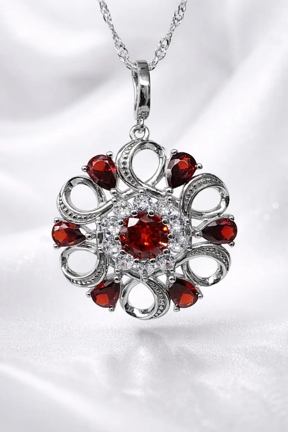 Sterling Silver Garnet & Clear CZ Halo Pendant – 27.5mm Round Floral Design - SSDA376PD