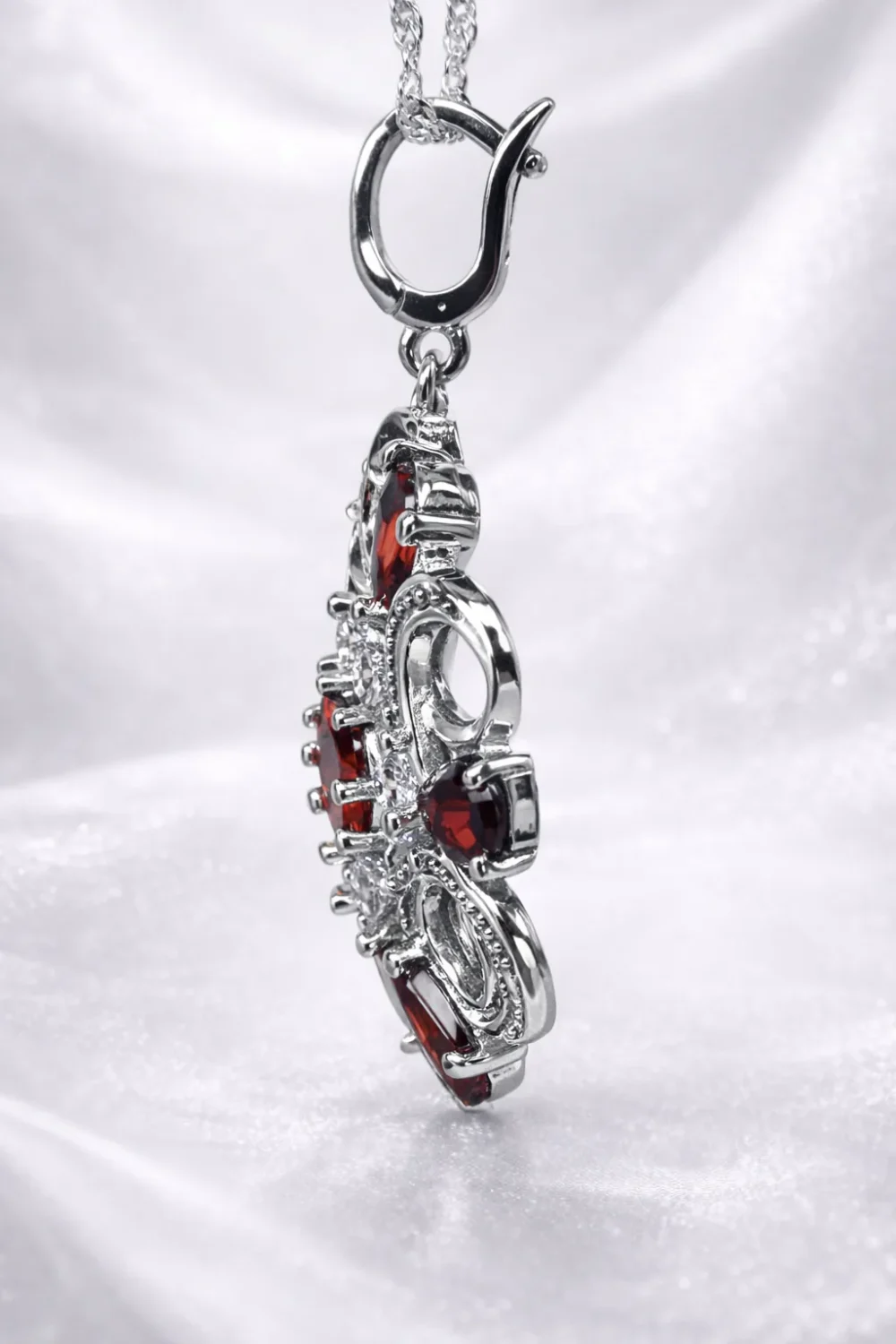 Sterling Silver Garnet & Clear CZ Halo Pendant – 27.5mm Round Floral Design - SSDA376PD