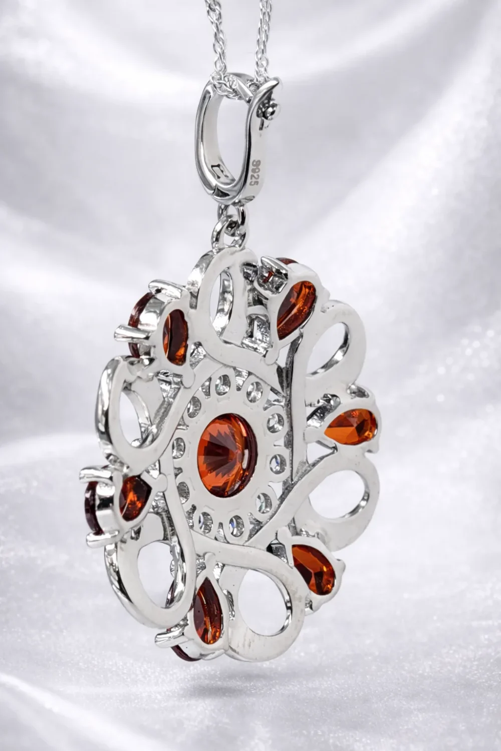 Sterling Silver Garnet & Clear CZ Halo Pendant – 27.5mm Round Floral Design - SSDA376PD