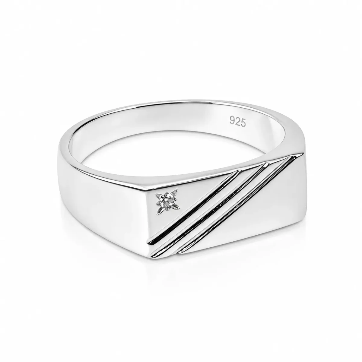 Sterling Silver Gents Signet Ring with Cubic Zirconia 14mm Top | Modern Diagonal Design - SSD9471