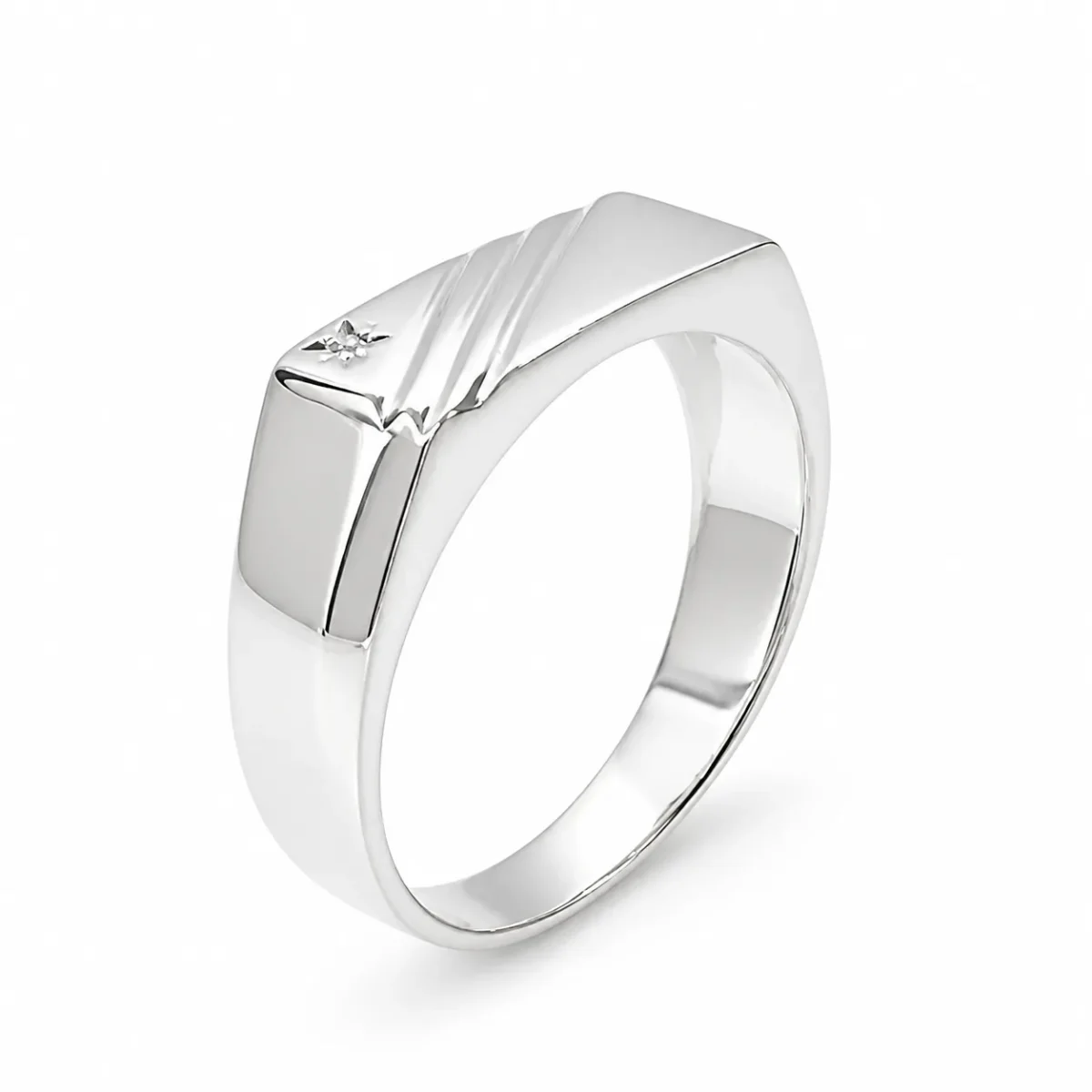 Sterling Silver Gents Signet Ring with Cubic Zirconia 14mm Top | Modern Diagonal Design - SSD9471