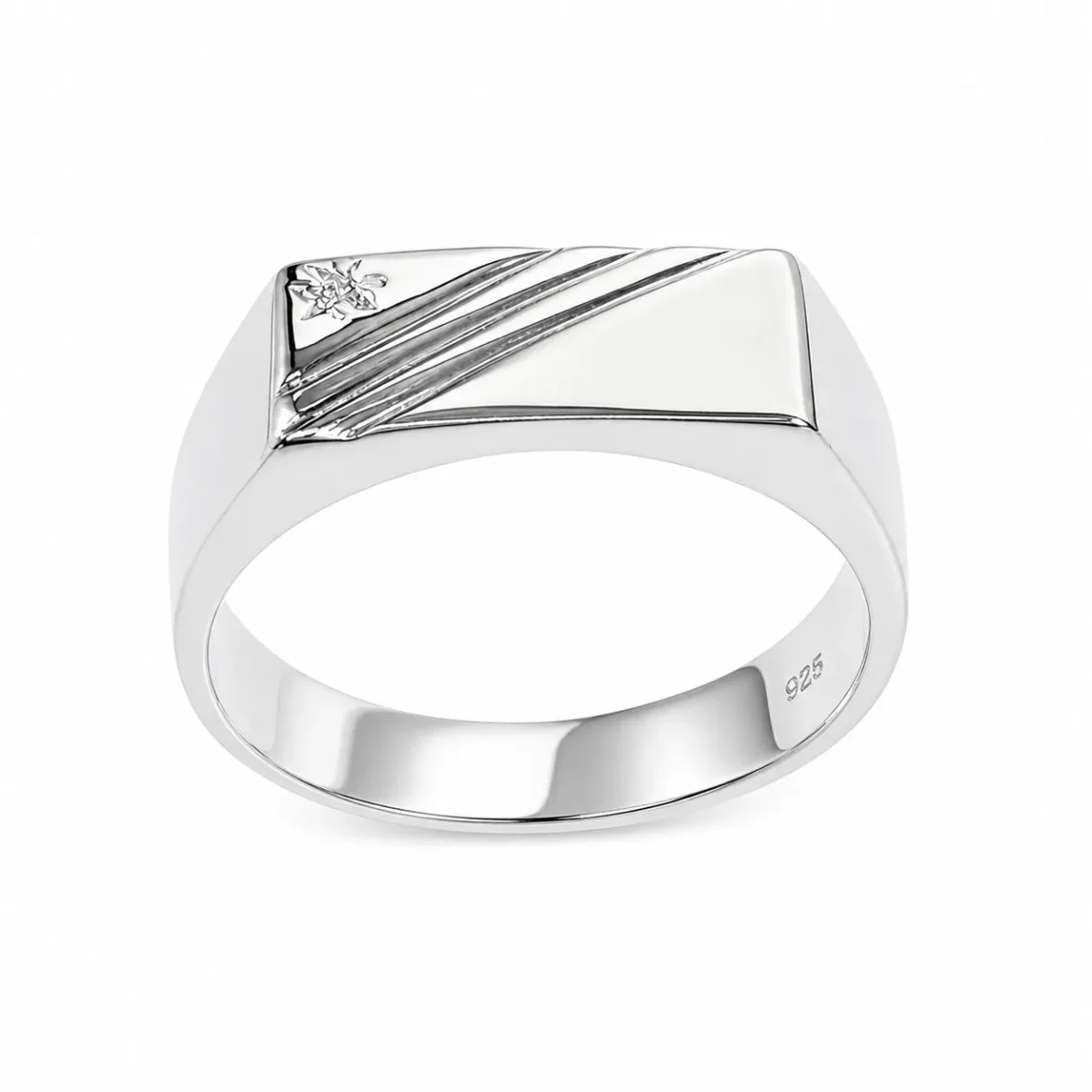 Sterling Silver Gents Signet Ring with Cubic Zirconia 14mm Top | Modern Diagonal Design - SSD9471