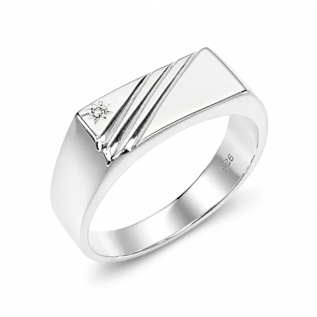 Sterling Silver Gents Signet Ring with Cubic Zirconia 14mm Top | Modern Diagonal Design - SSD9471
