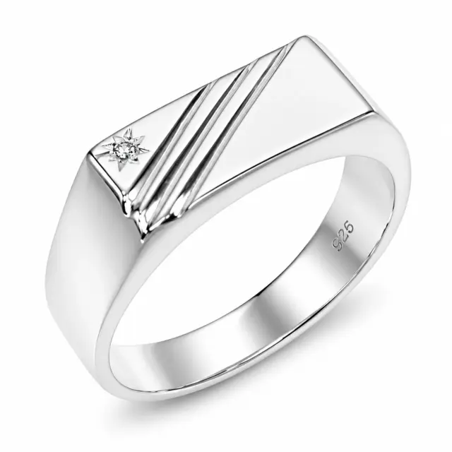 Sterling Silver Gents Signet Ring with Cubic Zirconia 14mm Top | Modern Diagonal Design - SSD9471