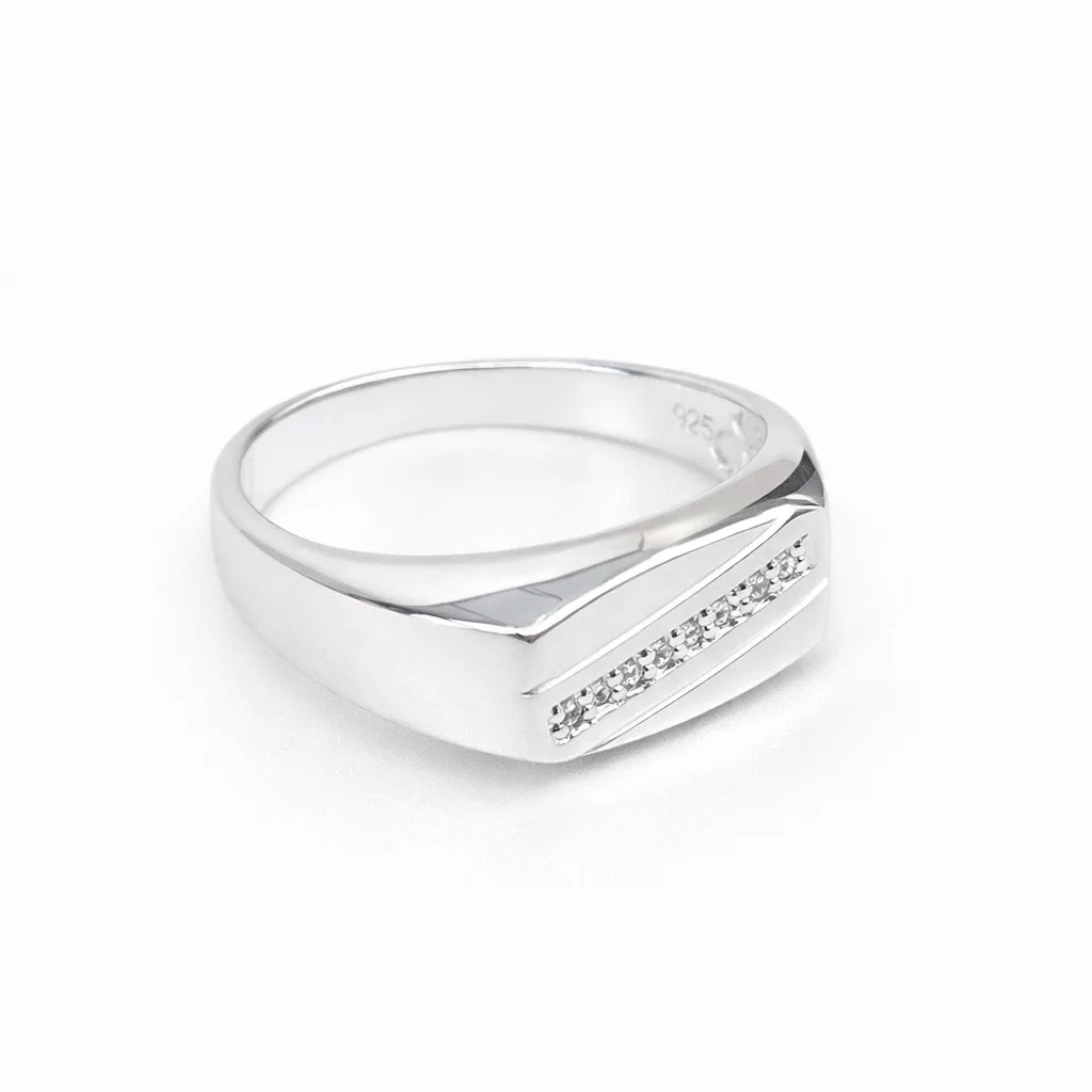 Sterling Silver Gents Signet Ring with CZ Set Bar, 14mm x 9mm Top – Wedding / Dress Ring - SSD7609