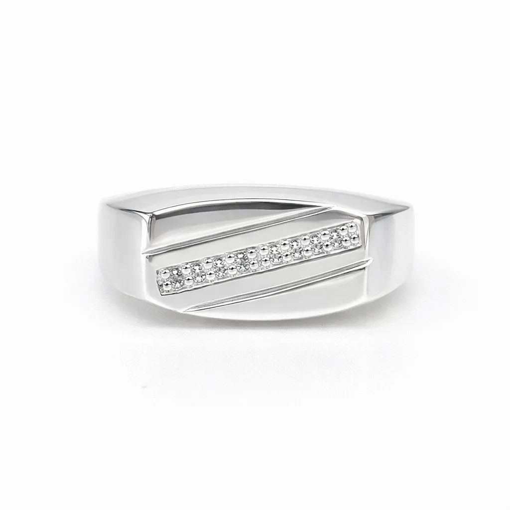 Sterling Silver Gents Signet Ring with CZ Set Bar, 14mm x 9mm Top – Wedding / Dress Ring - SSD7609
