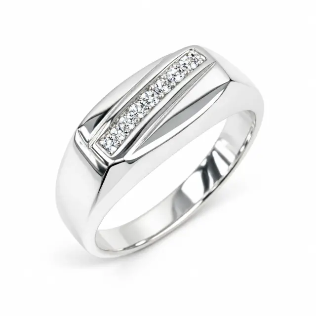 Sterling Silver Gents Signet Ring with CZ Set Bar, 14mm x 9mm Top – Wedding / Dress Ring - SSD7609